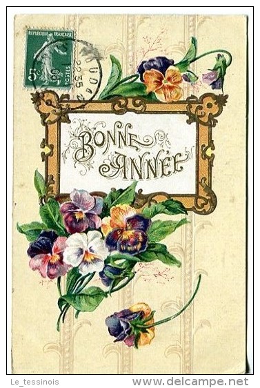 Bonne Année - Carte Gaufrée Avec Composition Florale Avec Des Pensées - Nouvel An