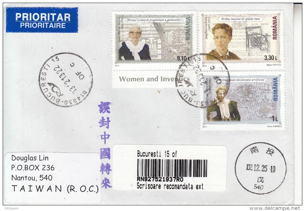 ROMANIA : WOMEN & INVENTICS On Cover Circulated To TAIWAN - Envoi Enregistre! Registered Shipping! - Oblitérés