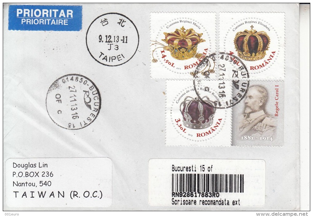 ROMANIA : ROYAL CROWNS - KING CAROL I On Cover Circulated To TAIWAN - Envoi Enregistre! Registered Shipping! - Usati