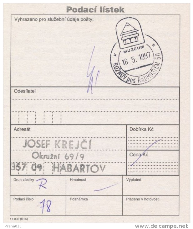I0056 - Czech Rep. (1997) Postal Receipt / Postal Agencies ROZNOV POD RAHOSTEM 50 - Covers & Documents