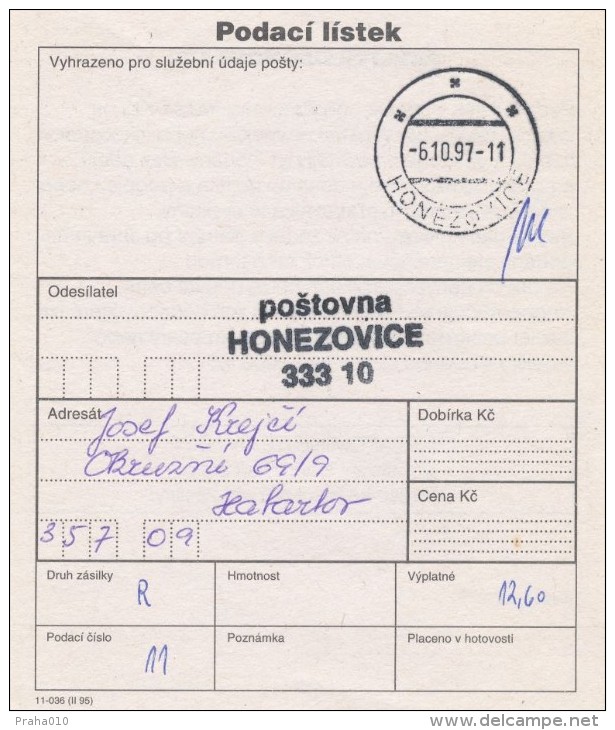 I0058 - Czech Rep. (1997) Postal Receipt / Postal Agencies HONEZOVICE - Covers & Documents