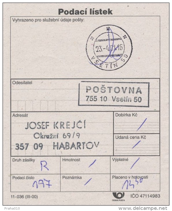 I0062 - Czech Rep. (2001) Postal Receipt / Postal Agencies VSETIN 50 - Brieven En Documenten