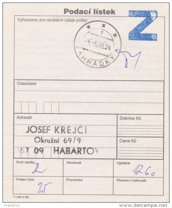 I0067 - Czech Rep. (1998) Postal Receipt / Postal Agencies ZAHRADKY - Covers & Documents
