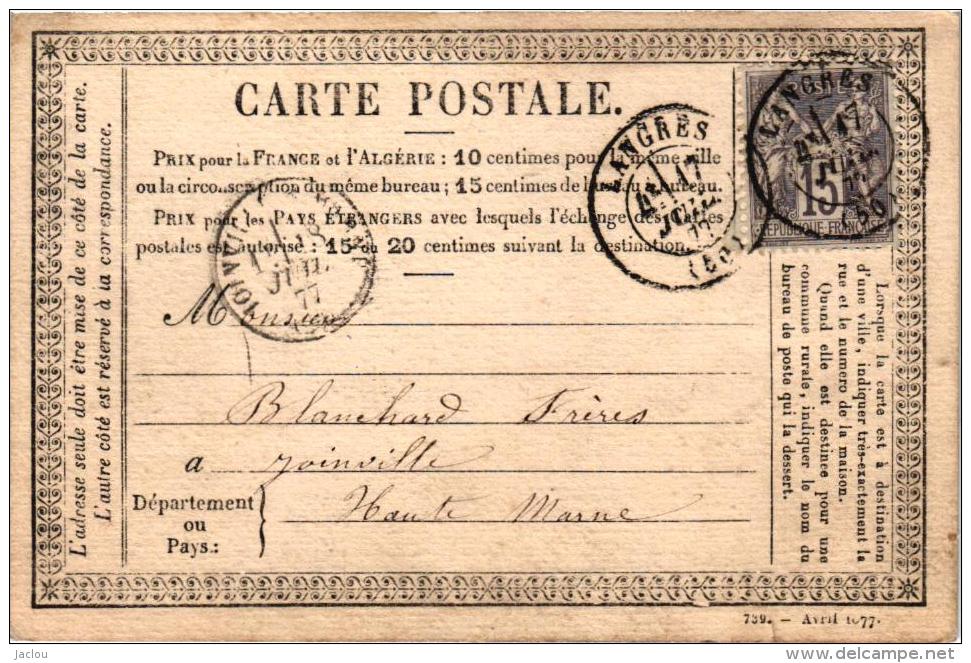 CARTE POSTALE 1877 AFFRANCHISSEMENT ,LANGRES ,JOINVILLE,HAUTE MARNE ,A VOIR ,CORRESPONDANCE REF 36357 - Precursor Cards