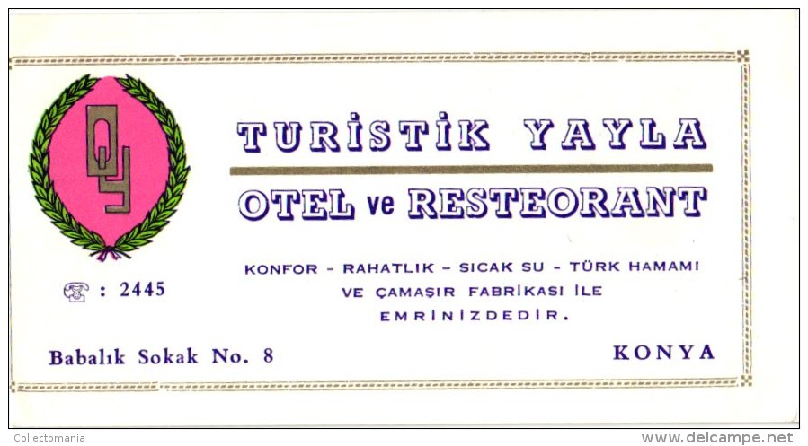 2 HOTEL LABELS TURKIJE  Turkey Santral Palace Adana YAyla Konya - & One Envelope  Stamps 1956  Olympic Games - Hotel Labels