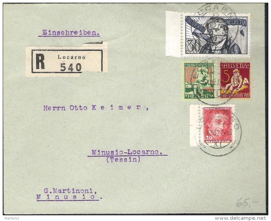 R-Brief Mit Zu 41-44 Mi 222-225 Yv 226-229 Mit O LOCARNO 6.XII.27 (Zu CHF 85.00) - Storia Postale