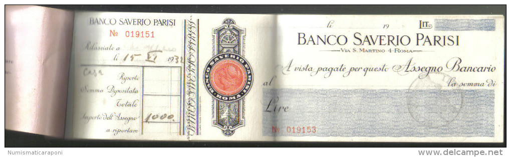 Banco Saverio Parisi Roma Bloccheto Assegni Parzialmente Usato 1932 C.1503 - [10] Assegni E Miniassegni