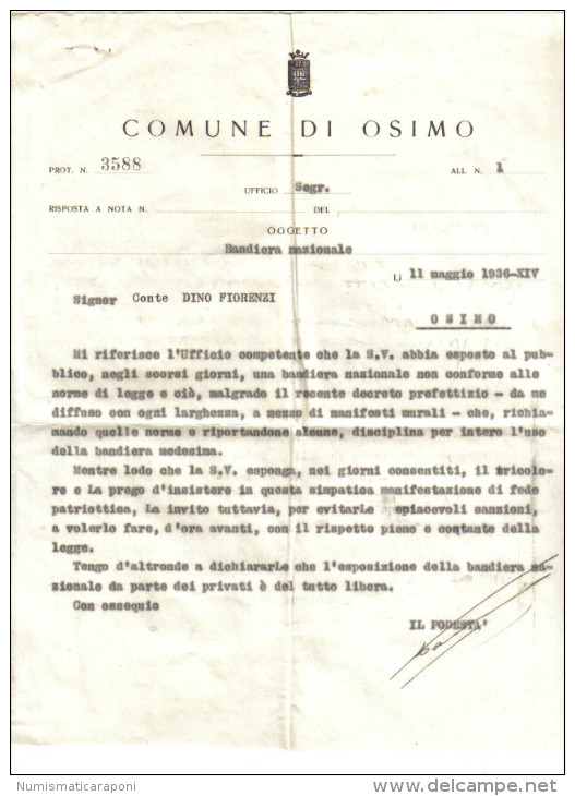 COMUNE DI OSIMO LETTERA DEL PODESTA' RIGUARDANTE BANDIERA NAZIONALE DEL 1936  C.1508 - Decreti & Leggi