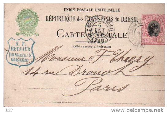 Brésil Entier Postal Carte Rio De Janeiro Paris 1904 - Postwaardestukken