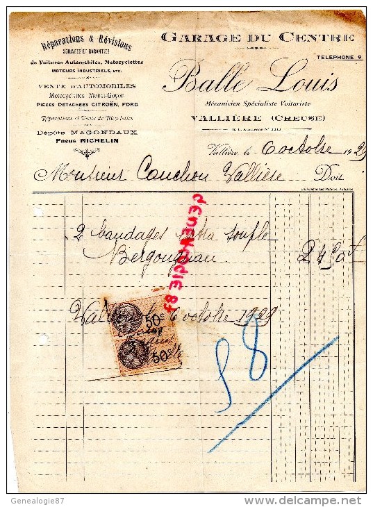 23 - VALLIERES - FACTURE BALLE LOUIS- GARAGE DU CENTRE  - MOTO MONET GOYON-MICHELIN-MAGONDAUX-1929 - Verkehr & Transport