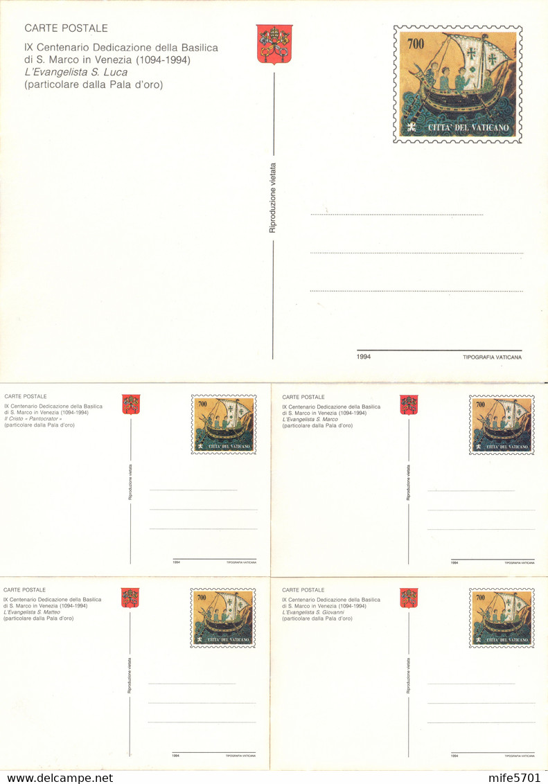 VATICANO 5 INTERI POSTALI BASILICA SAN MARCO VENEZIA L. 700 - 1994 - CATALOGO FILAGRANO "C41" - NUOVI - Postal Stationeries