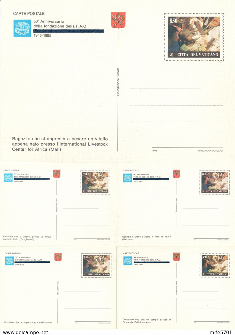 VATICANO 5 INTERI POSTALI F.A.O. 50° ANNIVERSARIO DELLA FONDAZIONE L. 850 - 1995 - CATALOGO FILAGRANO "C42" NUOVI - Entiers Postaux