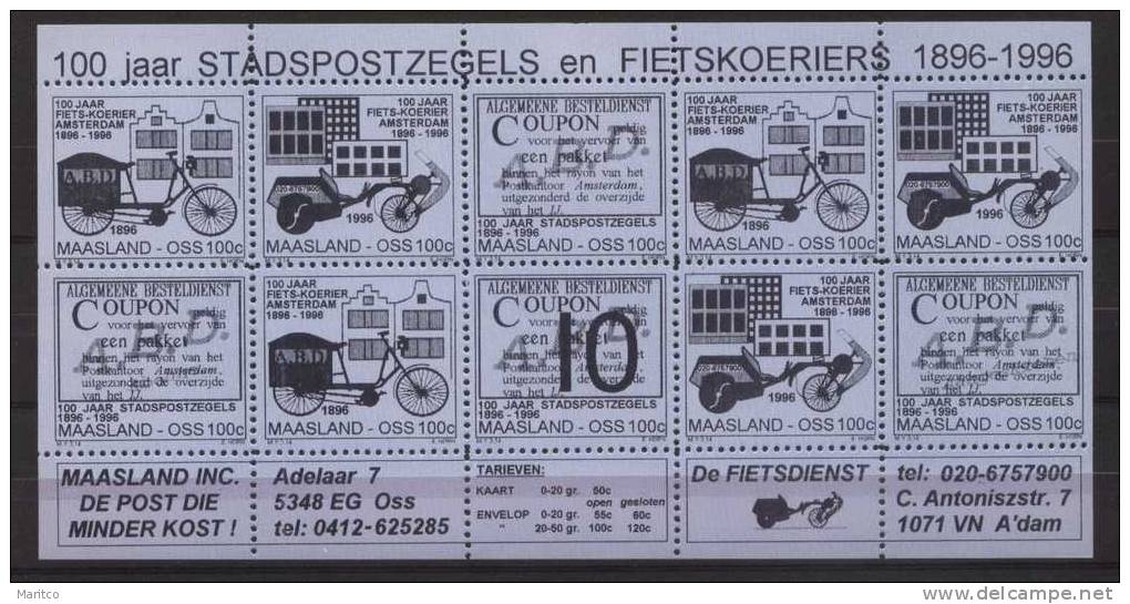 Stadspost MAASLAND OSS LOCAL MAIL NETHERLANDS S.S. 10X100ct BLUE BICYCLE FIETS VELO FAHRRAD - Ciclismo