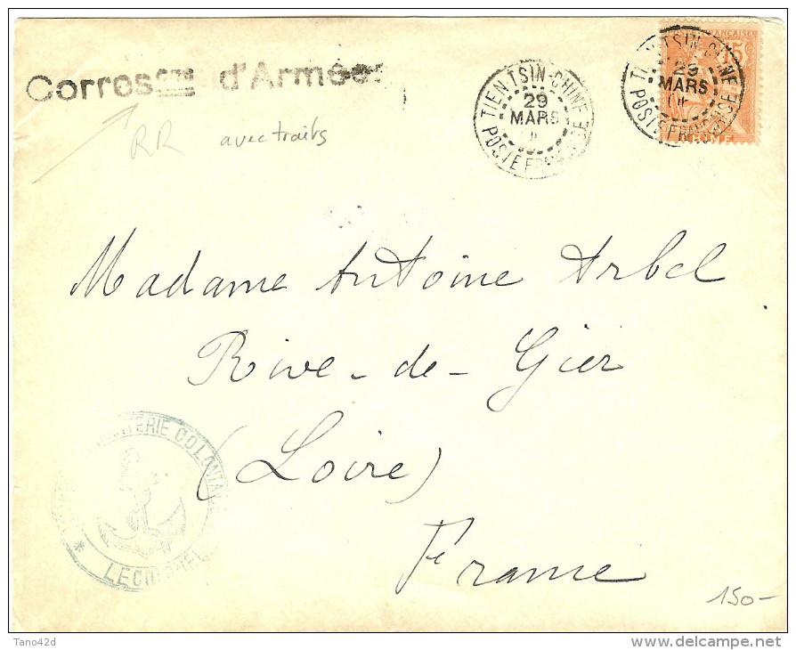 LBL19 - CHINE MOUCHON 15c SUR LETTRE DU 29/3/1906 TIENT SIN /RIVE DE GIER - CACHET " CORRESPONDANCE D'ARMEE" AVEC TRAITS - Covers & Documents