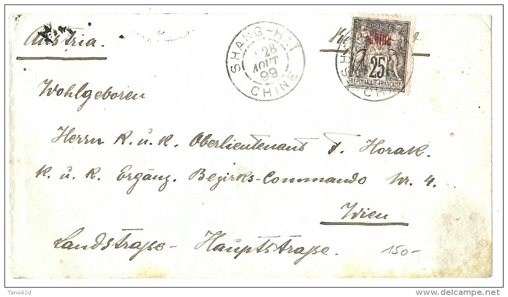 LBL19 - CHINE SAGE 25c SURCH. CHINE S/ LETTRE SHANG-HAI / WIEN 28/8/1899 - Lettres & Documents