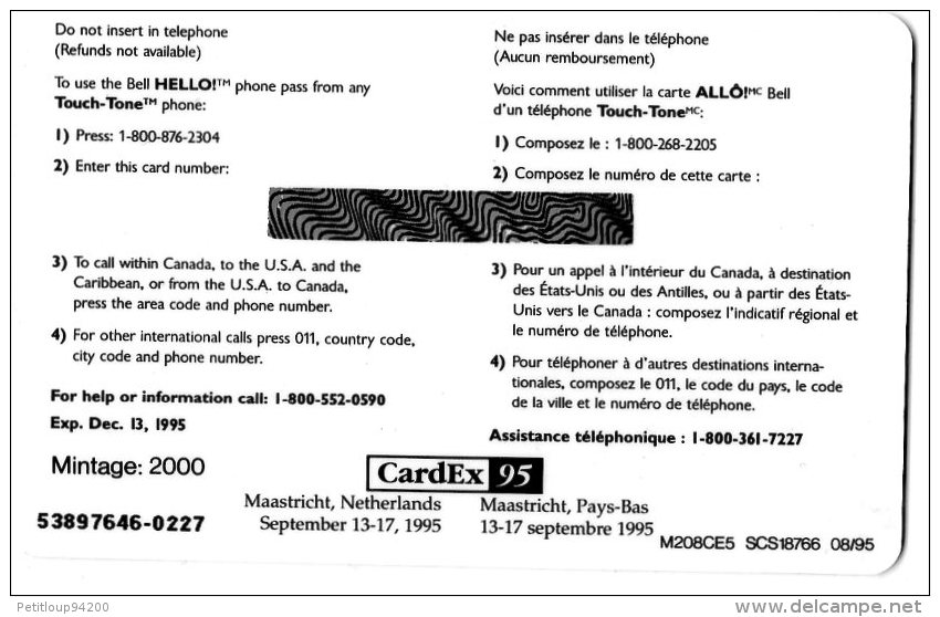 CARTE PREPAYEE CANADA  BELL 1$  Carte Allo   Cardex 95  ***** - Canada