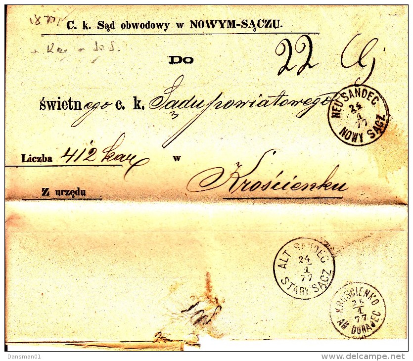 POLAND Prephilatelic 1877 NUE SANDEC To KROSCIENKO Full Letter - ...-1860 Prephilately