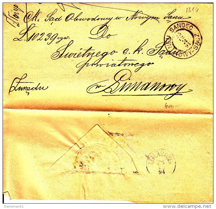 POLAND Prephilatelic 1894 NEU SANDEC To LIMANOWY Cover Only - ...-1860 Préphilatélie