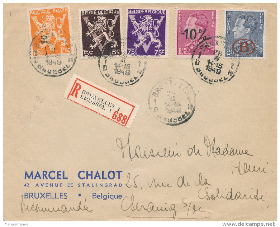 122/22 -  Lettre RECOMMANDEE TP Poortman Service Et Moins 10 % , Et Lion V BRUXELLES 1949 - Lettres & Documents