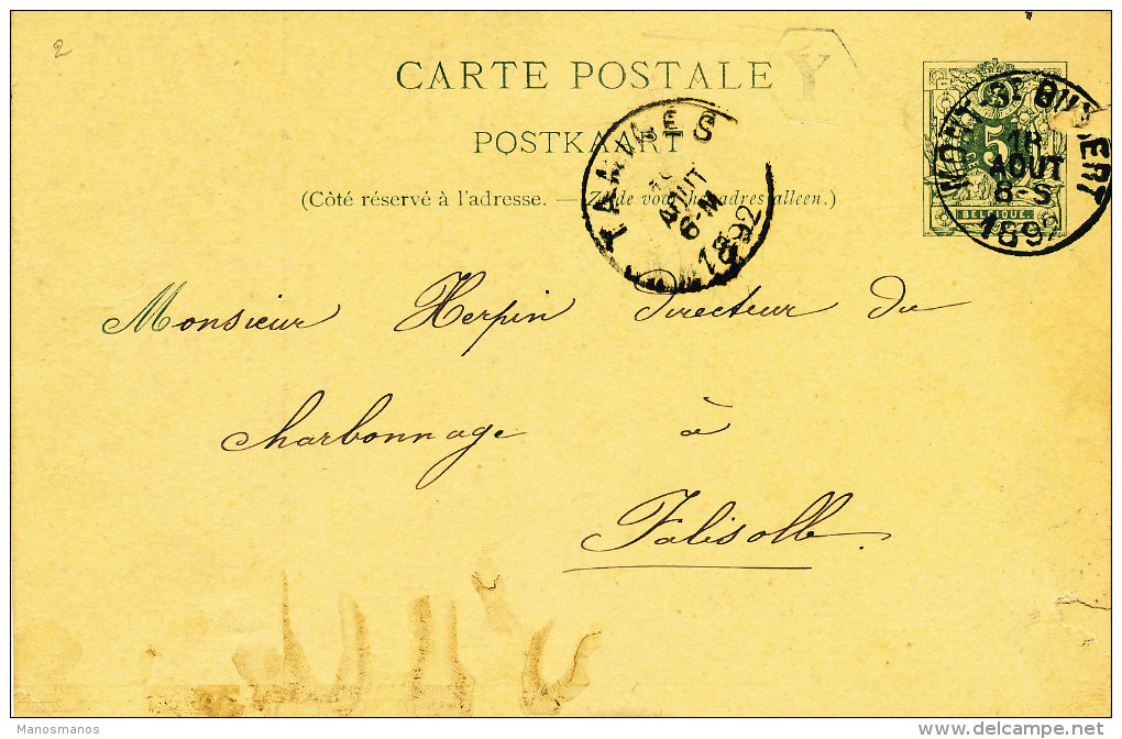 126/22 -  Entier Lion Couché MONT ST GUIBERT 1892 Vers FALISOLLE - Boite Hexagonale Y De NIL ST VINCENT - Landelijks Post