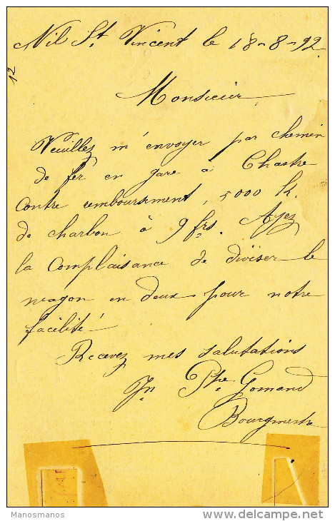 126/22 -  Entier Lion Couché MONT ST GUIBERT 1892 Vers FALISOLLE - Boite Hexagonale Y De NIL ST VINCENT - Posta Rurale