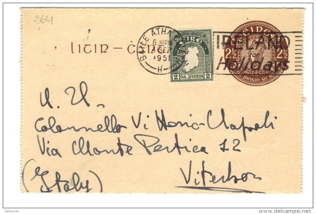 500/264 - IRLANDA , Intero Postale Del 4/9/51 Da  Baile Átha Cliath Per L'Italia - Interi Postali