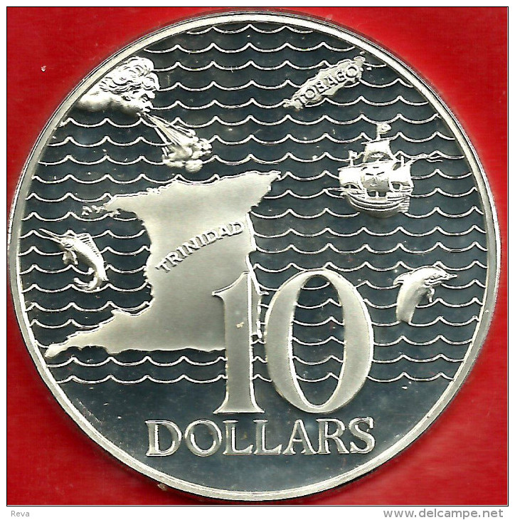 TRINIDAD AND TOBAGO $10 MAP SHIP FRONT EMBLEM BACK 2ND TYPE 1977 AG SILVER PROOF KM34 READ DESCRIPTION CAREFULLY!! - Trinidad En Tobago