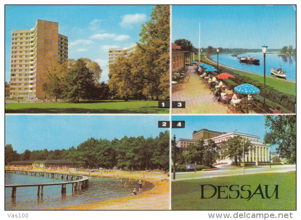 CPA DESSAU- APARTMENT BUILDINGS, BEACH, RIVER BANKS, BOATS, THE TEATRE - Dessau