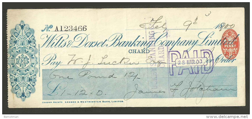 XT33 Cheque England Wilts & Dorset Banking Co Ltd CHARD 1900 - Cheques & Traveler's Cheques