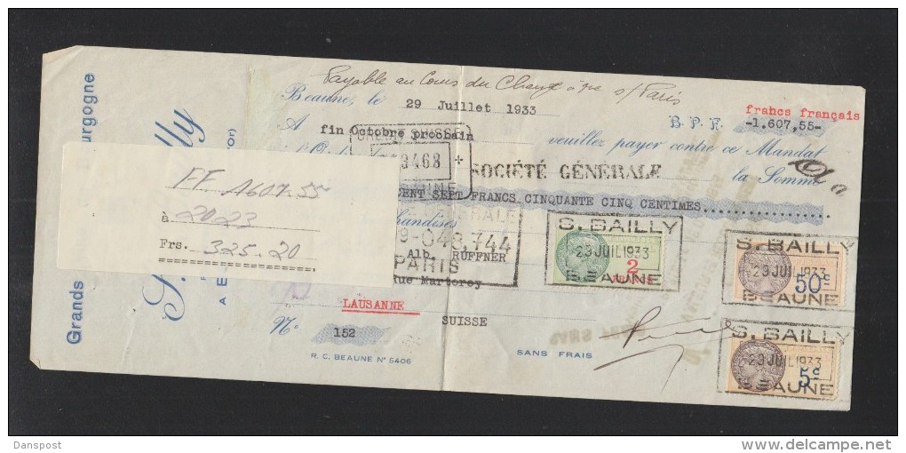 Cheque 1933 Beaune - Chèques & Chèques De Voyage