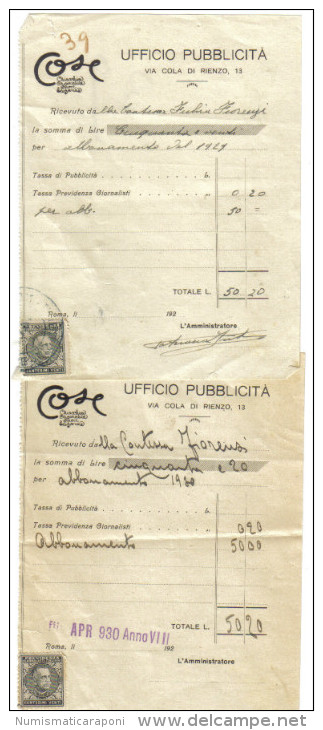 Ufficio Pubblicità Ricevuta Con Marca Da Bollo 20 Cent Previdenza Giornalisti Italiani 1929-1930 C.1539 - Italia