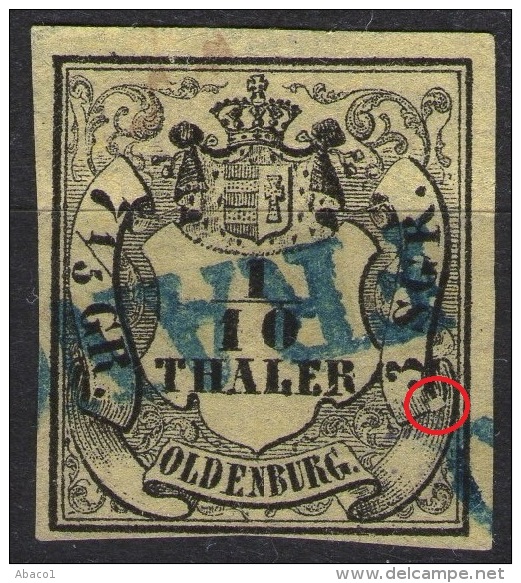 Franco In Blau Auf 1/10 Thaler Gelb - Oldenburg Nr. 4a Auf Seidenpapier - Plattenfehler - Pracht - Oldenbourg