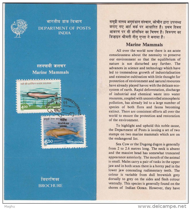 Stamped Information  On Marine Mammals, Set Of 2, Dolphin, Sea Cow,  India 1991, - Dolphins