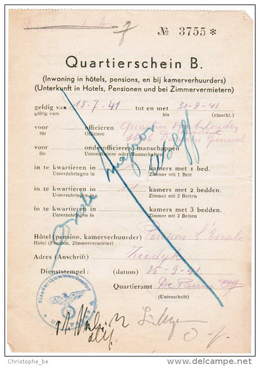 Quartierschein, Standortcommandatur De Panne, Duitse Stempel WW2 Met Adelaar En Hakenkruis, Uniek Document - Documents Historiques