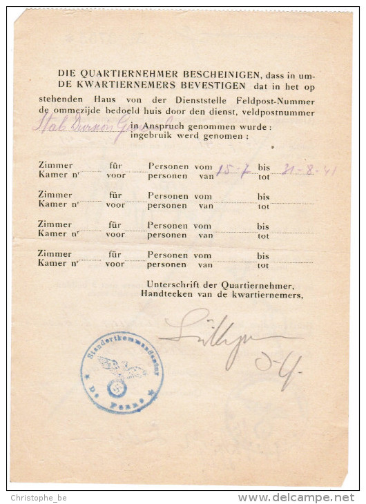 Quartierschein, Standortcommandatur De Panne, Duitse Stempel WW2 Met Adelaar En Hakenkruis, Uniek Document - Documents Historiques