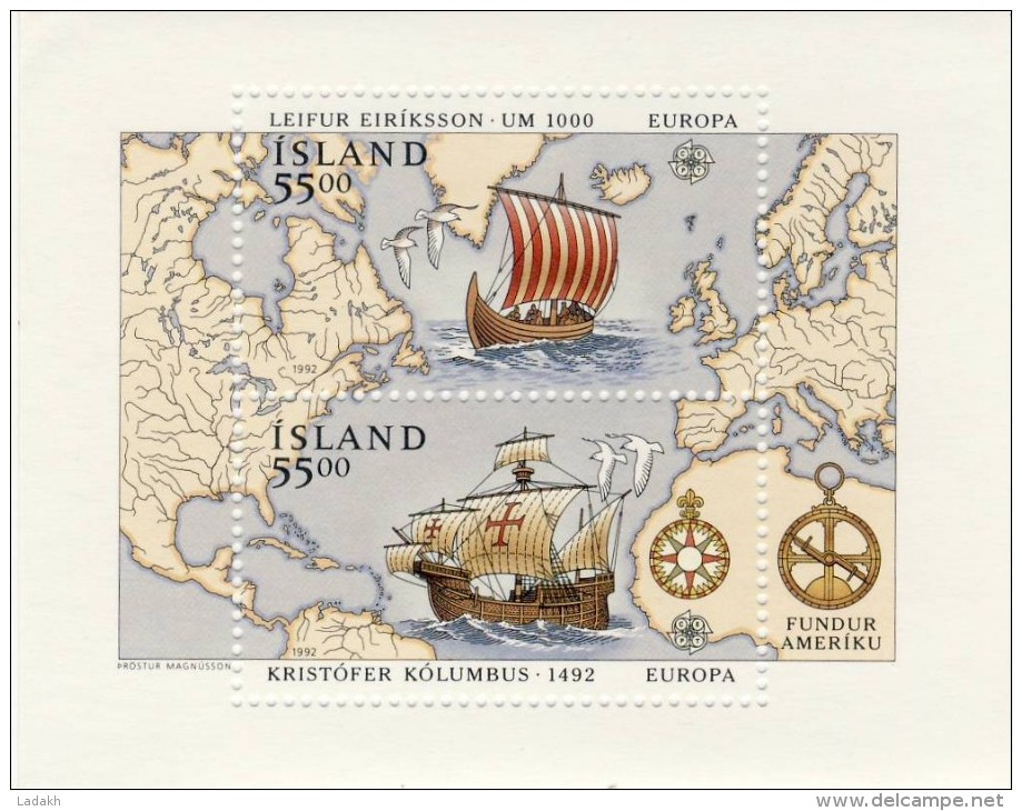 BLOC 2 TIMBRES** EUROPA ISLANDE 1992 # CHRITOPHE COLOMB  # LEIFUR EIRIKSSON - Blocks & Sheetlets