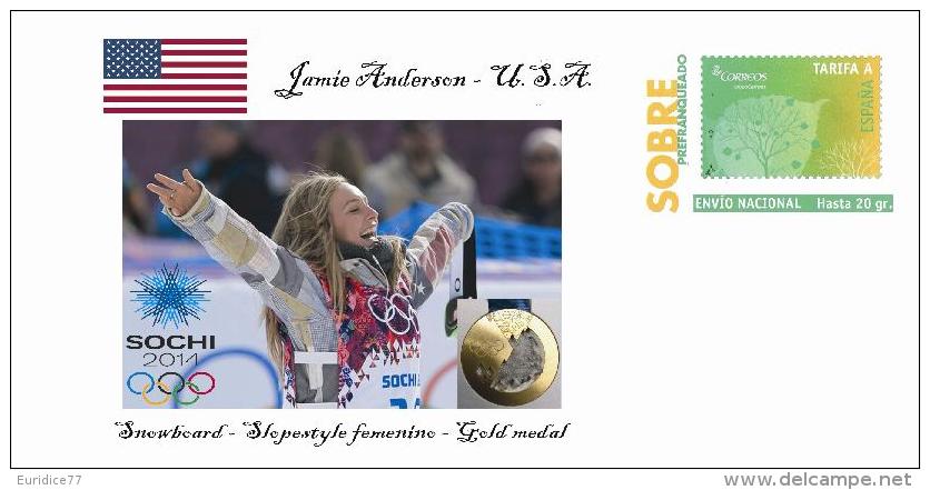 Spain 2014 - XXII Olimpics Winter Games Sochi 2014 Special Prepaid Cover - Jamie Anderson - Winter 2014: Sochi