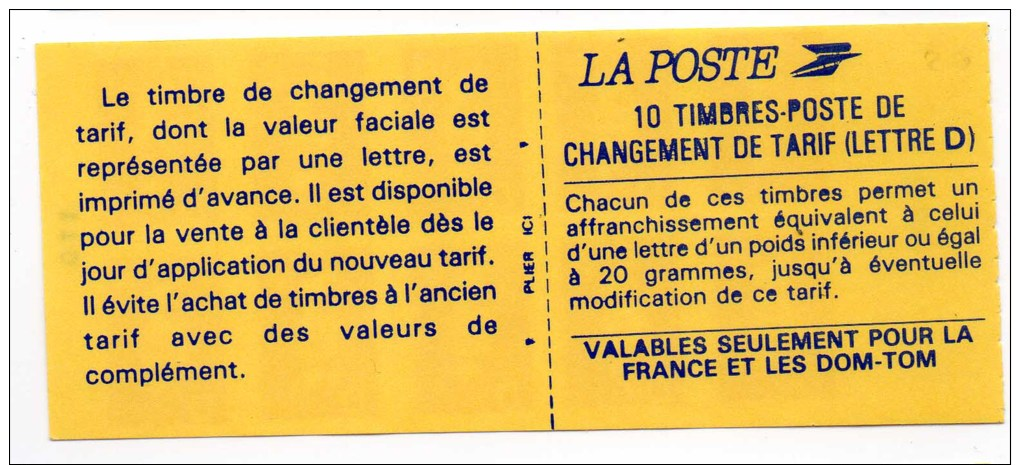 "Carnets Modernes" - 2713 --C1  - 10 Timbres "D"  Rouge N° 2713 - "Changement De Tarif (Lettre D)" - - Other & Unclassified
