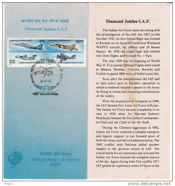 Stamped Information On  Diamond Jubilee I.A.F.  Se-tenent IAF, Airplane, Helicopter, Defence., India 1992, As Scan - Covers & Documents