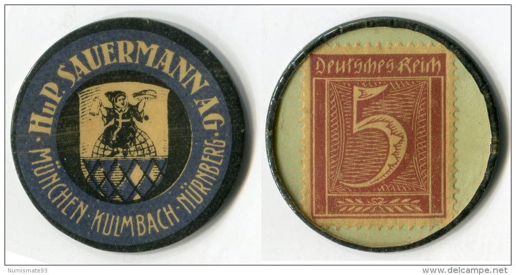 N93-0078 - Timbre-monnaie Sauermann 5 Pfennigs - Kapselgeld - Encased Stamp - Monetary/Of Necessity