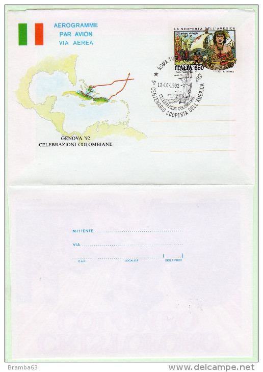 1992 Aerogramma Genova 92 Celebrazioni Colombiane FDC AS Annullo Speciale Genova 92 - Postwaardestukken