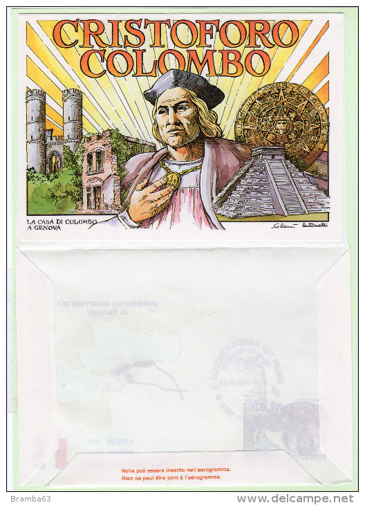 1992 Aerogramma Genova 92 Celebrazioni Colombiane FDC AS Annullo Speciale Genova 92 - Postwaardestukken