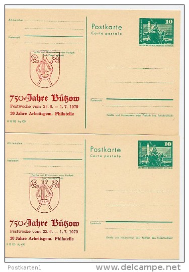 DDR P79-14a-79 C90-a 2 Postkarten PRIVATER ZUDRUCK Karmin/braunrot 750 J. Bützow 1979 - Cartes Postales Privées - Neuves