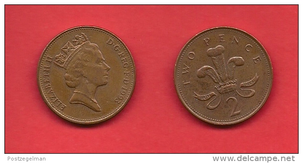 UK, 1992-2000, Circulated Coin, 2 Pence, QEII, Copper Plated Steel. KM 936A, C1751 - 2 Pence & 2 New Pence