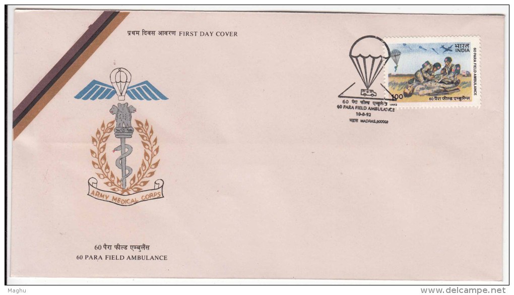 FDC On 60 Para Field Ambulance, Health, Medicine, Parachute, Red Cross Van, Army, Defence,  India 1992 - Medizin