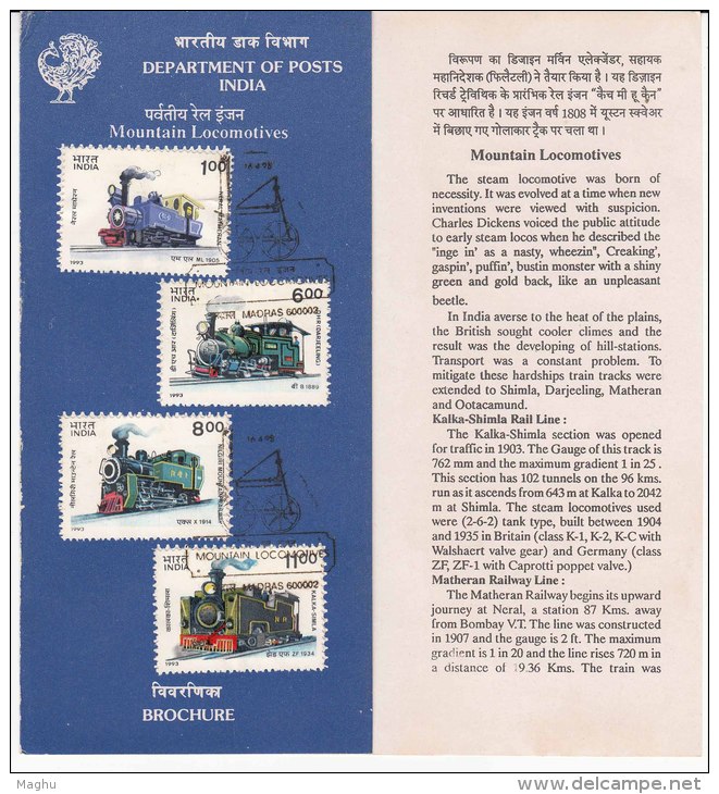 Stamped Information On Set Of 4  Mountain Locomotives, Train, Transport, India 1993 - Trains