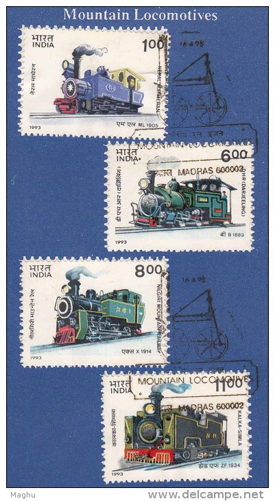 Stamped Information On Set Of 4  Mountain Locomotives, Train, Transport, India 1993 - Trains