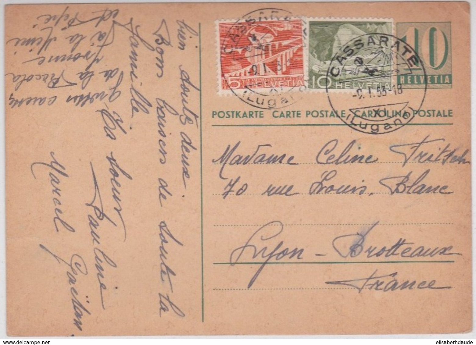 SUISSE - 1953 - CARTE POSTALE ENTIER De CASSARATE - Stamped Stationery