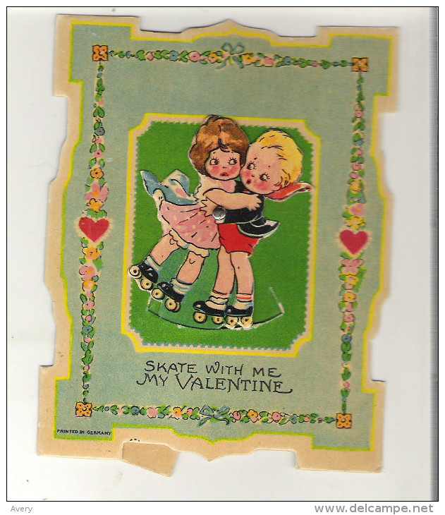 Antique Valentine Card Skate With Me My Valentine  The Skaters Will Move 3.6" X 4.5"  9.2 Cm X 11.5 Cm - Other & Unclassified