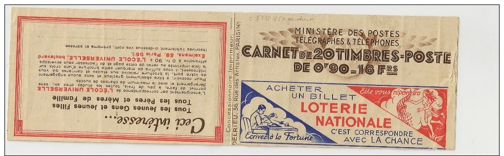 1938 CARNET TYPE PAIX COTE - 10 Timbres Sont Collés à La Couverture !!! - Andere & Zonder Classificatie